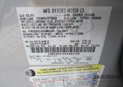 2005 Ford Freestyle Sel из США, поврежденный, VIN 1FMZK02145GA42169